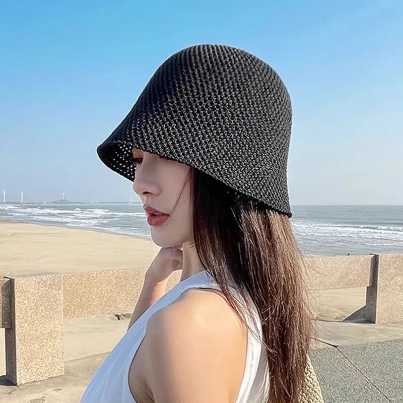 Women Bucket Hat Summer Hollow Out Thin Breathable Sun Hat Female Beach Panama Cap Fold Outdoor Cap