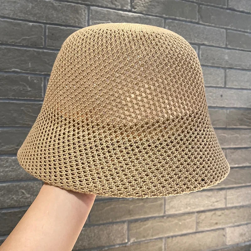 Women Bucket Hat Summer Hollow Out Thin Breathable Sun Hat Female Beach Panama Cap Fold Outdoor Cap