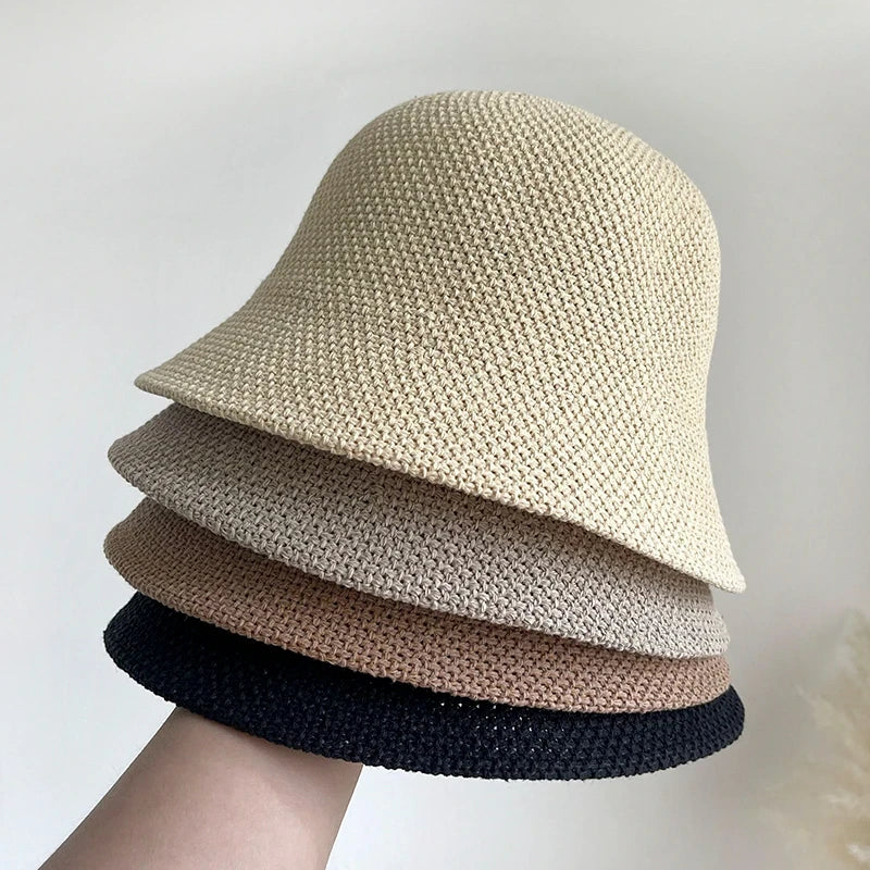 Women Bucket Hat Summer Hollow Out Thin Breathable Sun Hat Female Beach Panama Cap Fold Outdoor Cap