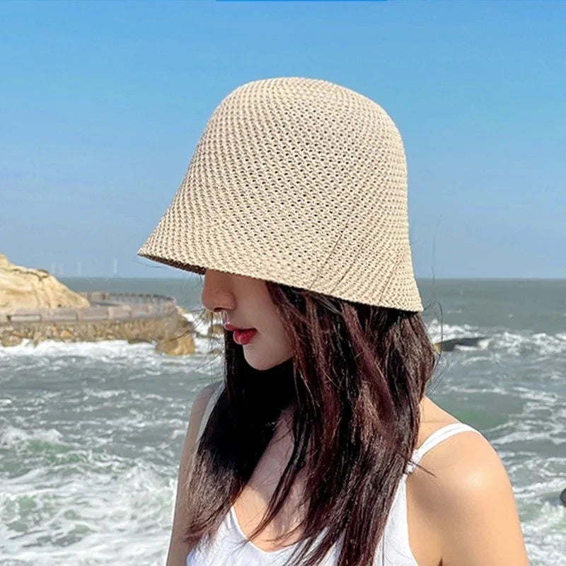 Women Bucket Hat Summer Hollow Out Thin Breathable Sun Hat Female Beach Panama Cap Fold Outdoor Cap