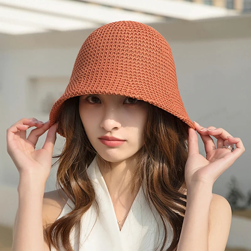 Women Bucket Hat Summer Hollow Out Thin Breathable Sun Hat Female Beach Panama Cap Fold Outdoor Cap