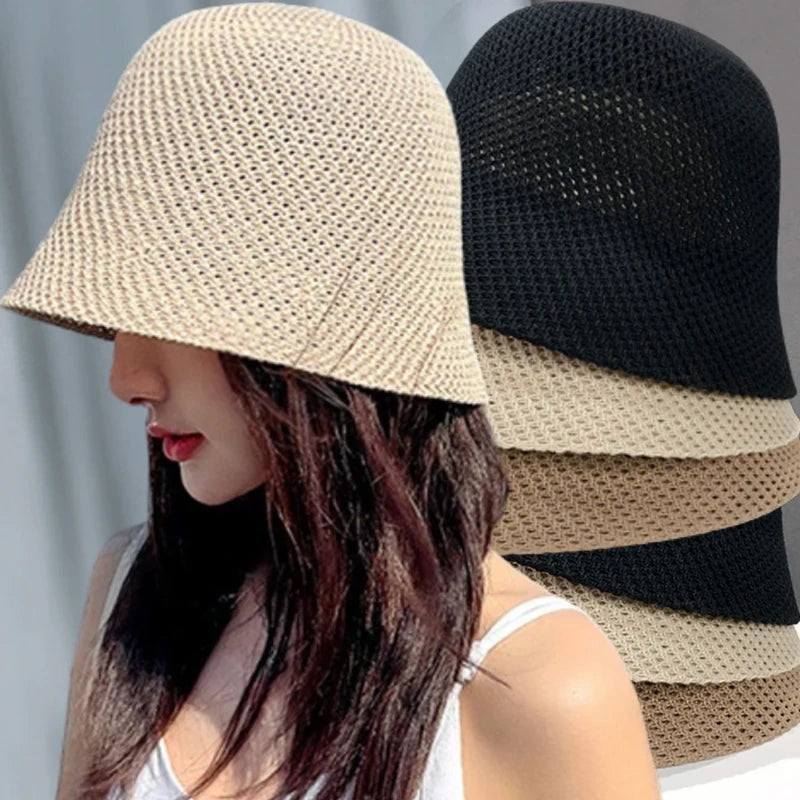 Women Bucket Hat Summer Hollow Out Thin Breathable Sun Hat Female Beach Panama Cap Fold Outdoor Cap