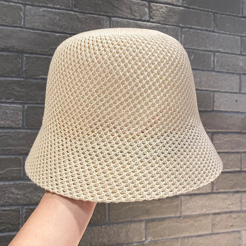 Women Bucket Hat Summer Hollow Out Thin Breathable Sun Hat Female Beach Panama Cap Fold Outdoor Cap
