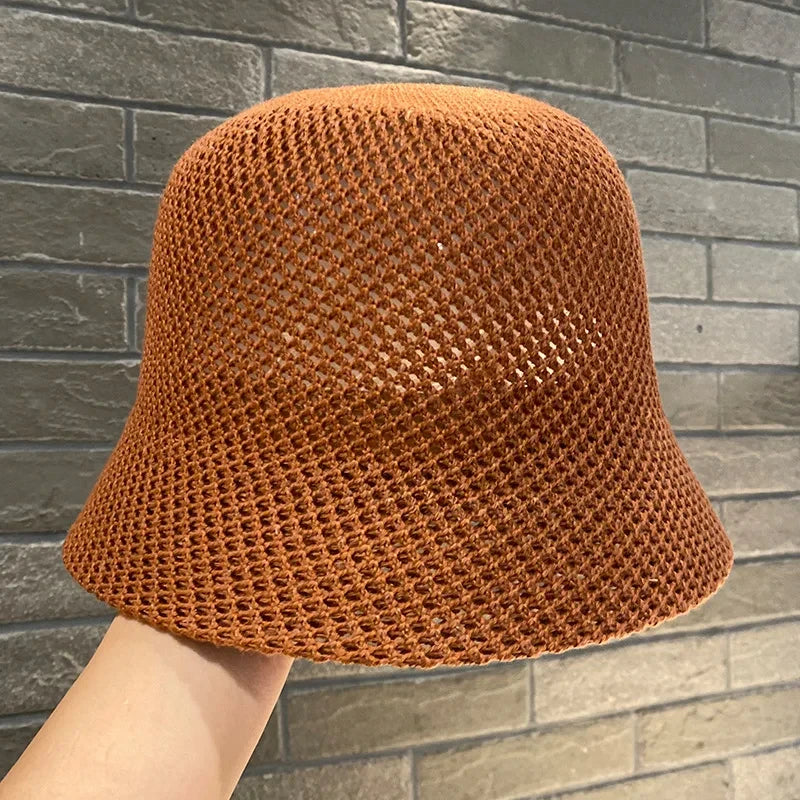 Women Bucket Hat Summer Hollow Out Thin Breathable Sun Hat Female Beach Panama Cap Fold Outdoor Cap